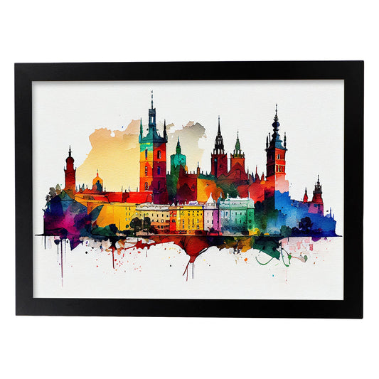 Lámina Acuarela del Skyline de la ciudad de Krakow Nacnic