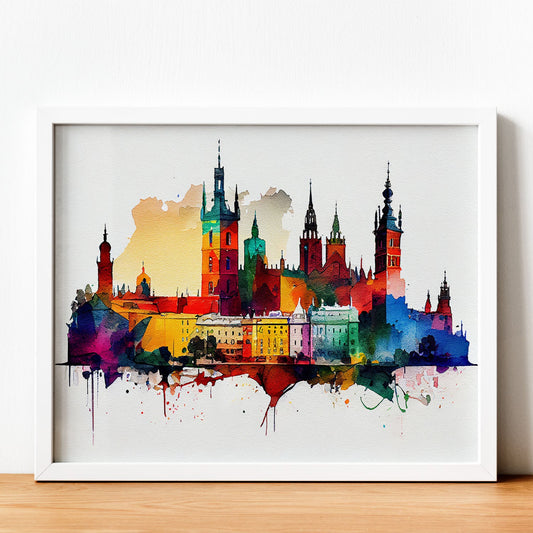Nacnic watercolor of a skyline of the city of Krakow_2. Aesthetic Wall Art Prints for Bedroom or Living Room Design.-Artwork-Nacnic-A4-Sin Marco-Nacnic Estudio SL