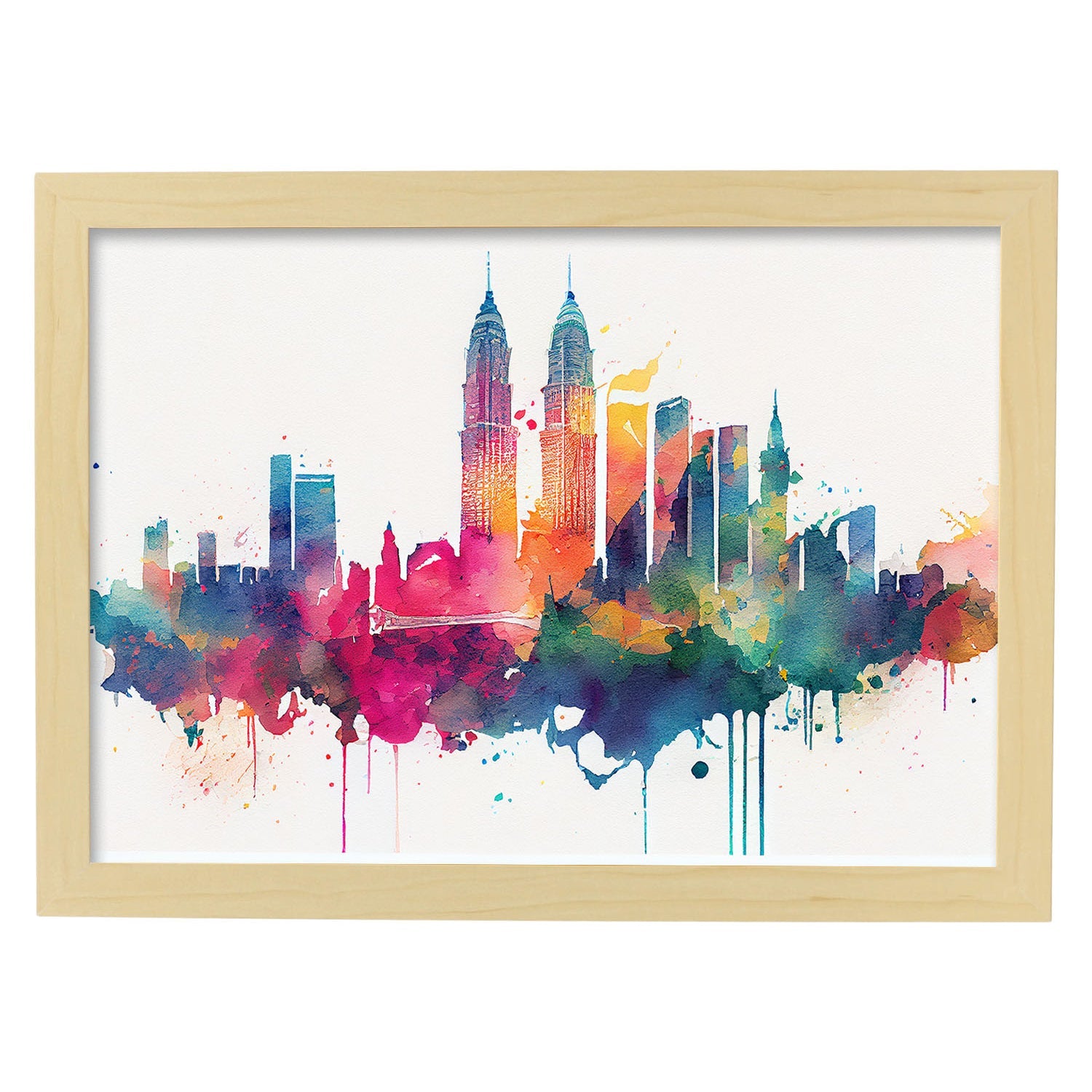 Nacnic watercolor of a skyline of the city of Kuala Lumpur_1. Aesthetic Wall Art Prints for Bedroom or Living Room Design.-Artwork-Nacnic-A4-Marco Madera Clara-Nacnic Estudio SL
