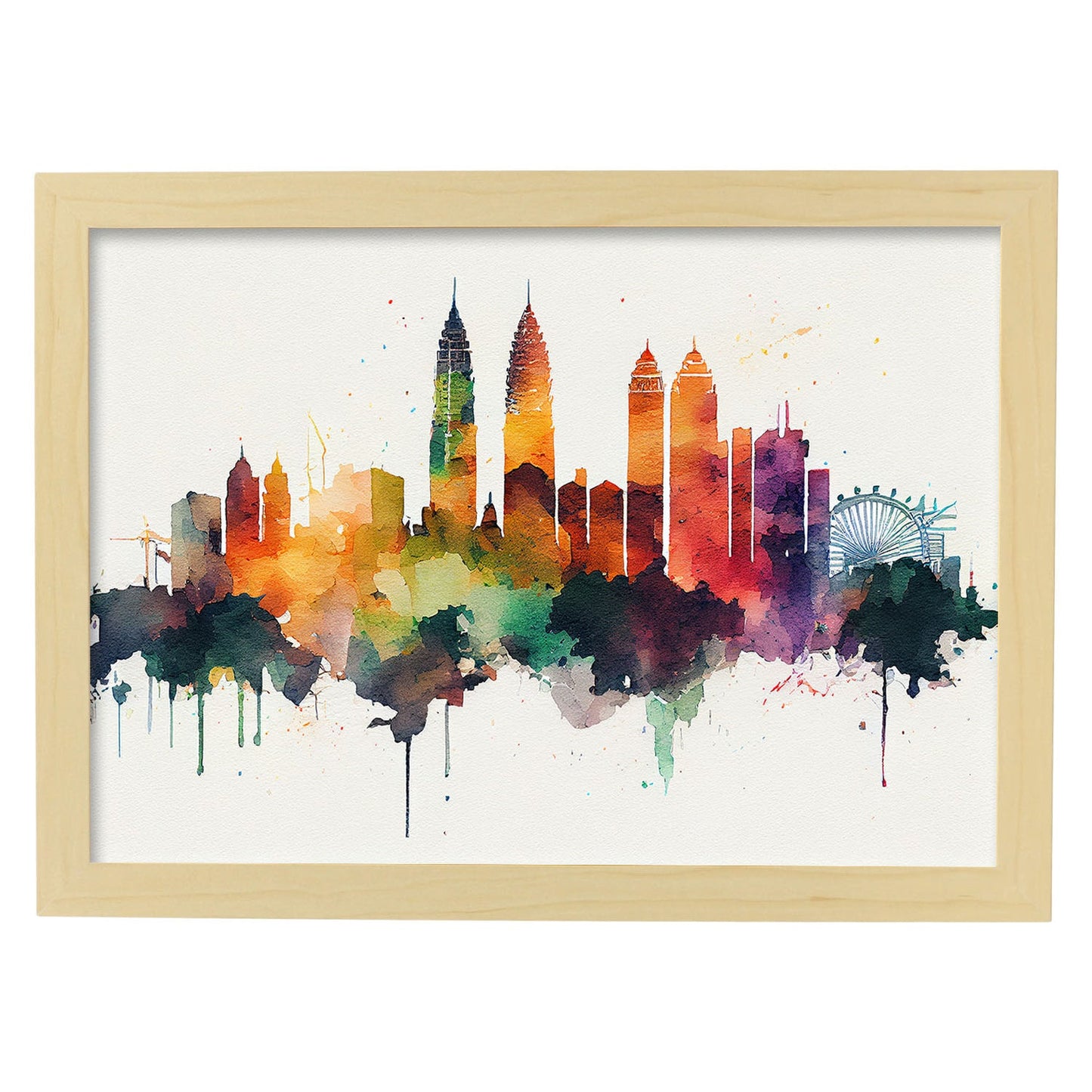 Nacnic watercolor of a skyline of the city of Kuala Lumpur_3. Aesthetic Wall Art Prints for Bedroom or Living Room Design.-Artwork-Nacnic-A4-Marco Madera Clara-Nacnic Estudio SL