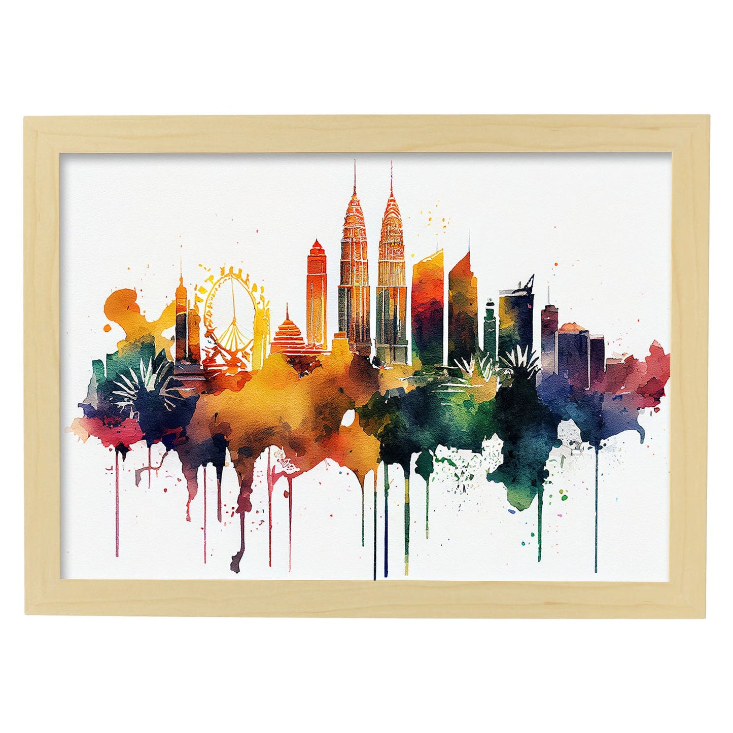 Nacnic watercolor of a skyline of the city of Kuala Lumpur_4. Aesthetic Wall Art Prints for Bedroom or Living Room Design.-Artwork-Nacnic-A4-Marco Madera Clara-Nacnic Estudio SL