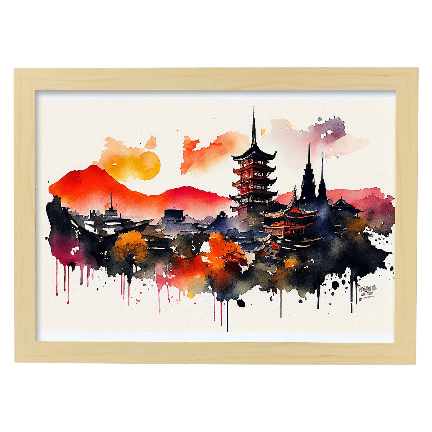 Nacnic watercolor of a skyline of the city of Kyoto_2. Aesthetic Wall Art Prints for Bedroom or Living Room Design.-Artwork-Nacnic-A4-Marco Madera Clara-Nacnic Estudio SL