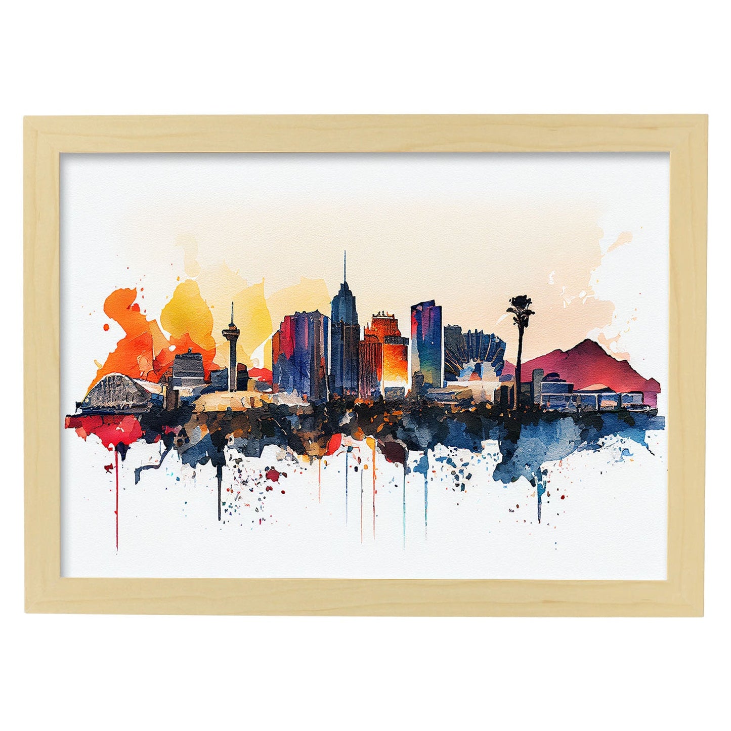 Nacnic watercolor of a skyline of the city of Las Vegas_1. Aesthetic Wall Art Prints for Bedroom or Living Room Design.-Artwork-Nacnic-A4-Marco Madera Clara-Nacnic Estudio SL