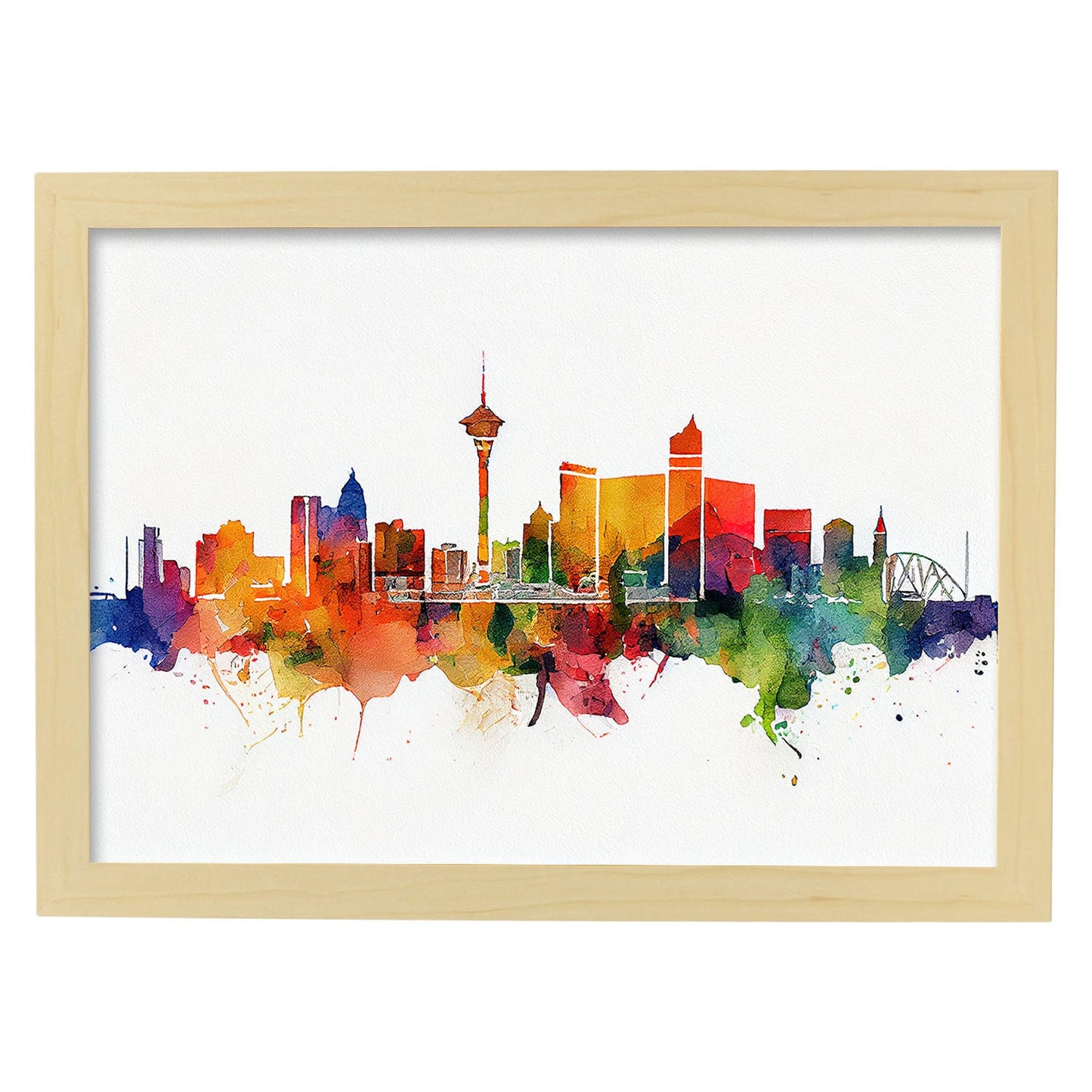 Nacnic watercolor of a skyline of the city of Las Vegas_2. Aesthetic Wall Art Prints for Bedroom or Living Room Design.-Artwork-Nacnic-A4-Marco Madera Clara-Nacnic Estudio SL