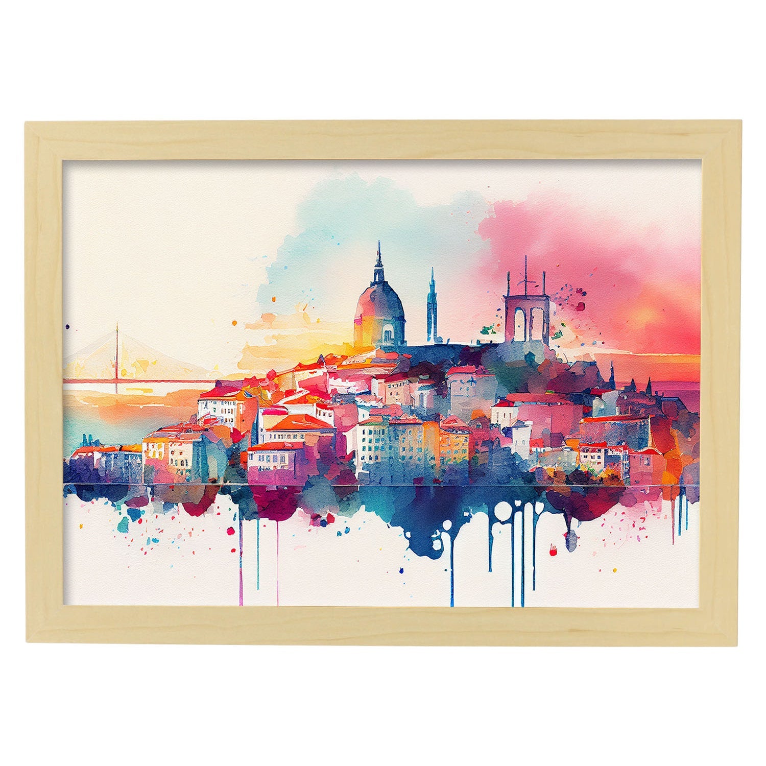 Nacnic watercolor of a skyline of the city of Lisbon_2. Aesthetic Wall Art Prints for Bedroom or Living Room Design.-Artwork-Nacnic-A4-Marco Madera Clara-Nacnic Estudio SL