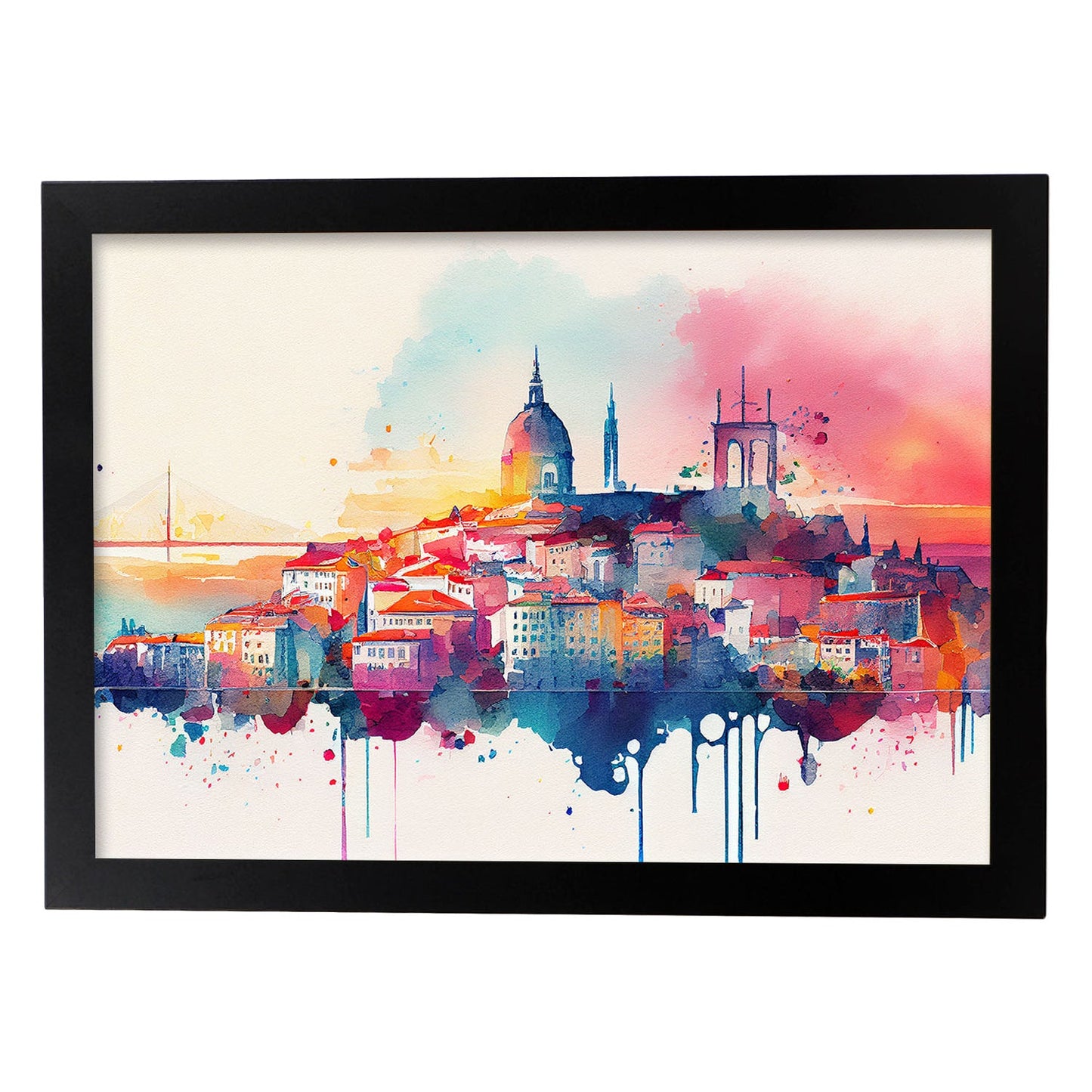 Nacnic watercolor of a skyline of the city of Lisbon_2. Aesthetic Wall Art Prints for Bedroom or Living Room Design.