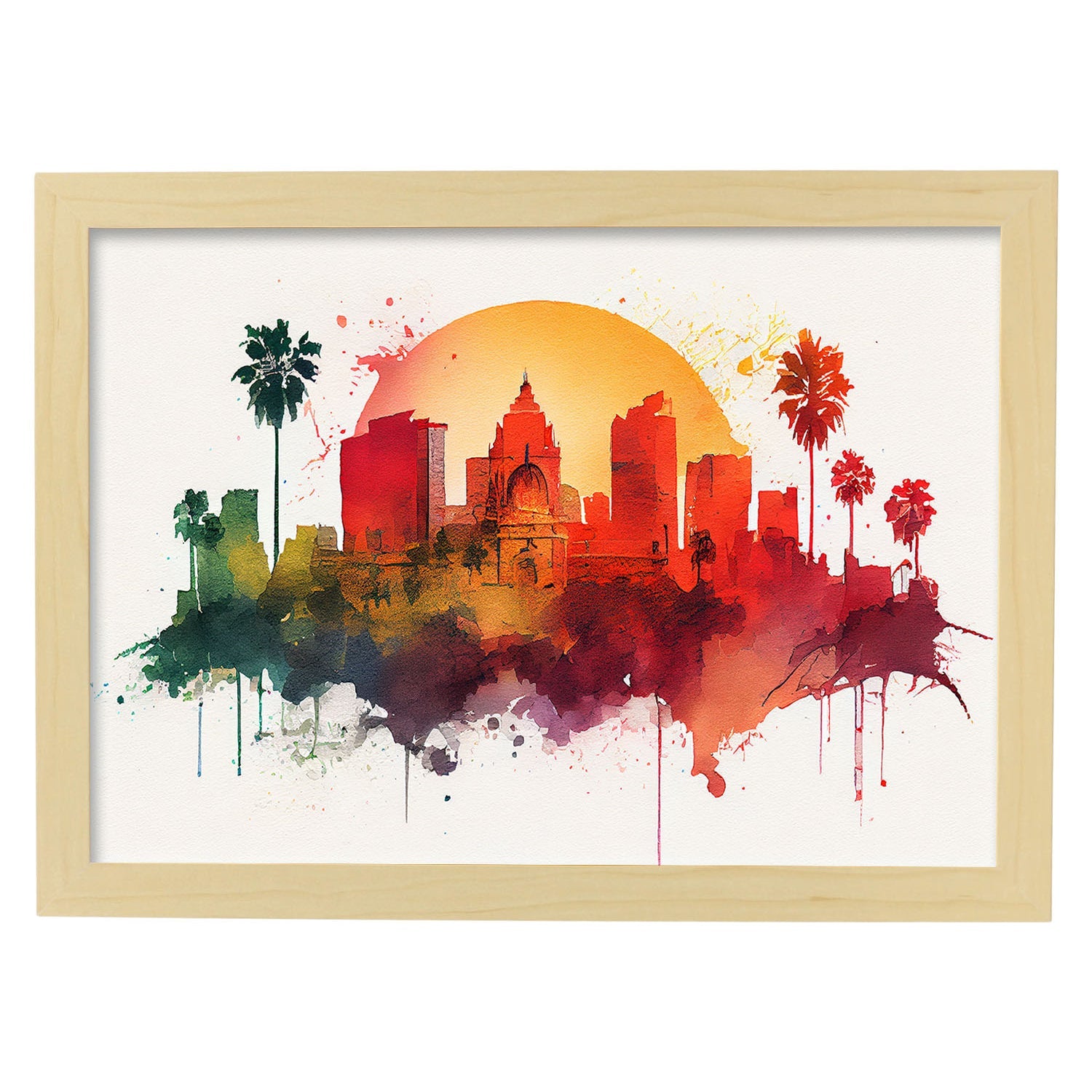 Nacnic watercolor of a skyline of the city of Los Angeles_1. Aesthetic Wall Art Prints for Bedroom or Living Room Design.-Artwork-Nacnic-A4-Marco Madera Clara-Nacnic Estudio SL