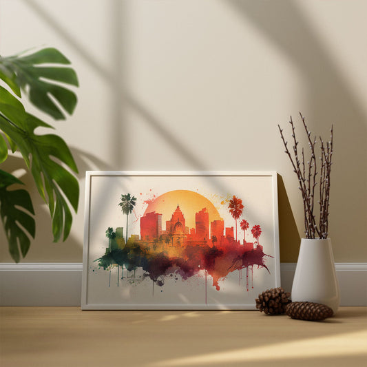 Nacnic watercolor of a skyline of the city of Los Angeles_1. Aesthetic Wall Art Prints for Bedroom or Living Room Design.-Artwork-Nacnic-A4-Sin Marco-Nacnic Estudio SL