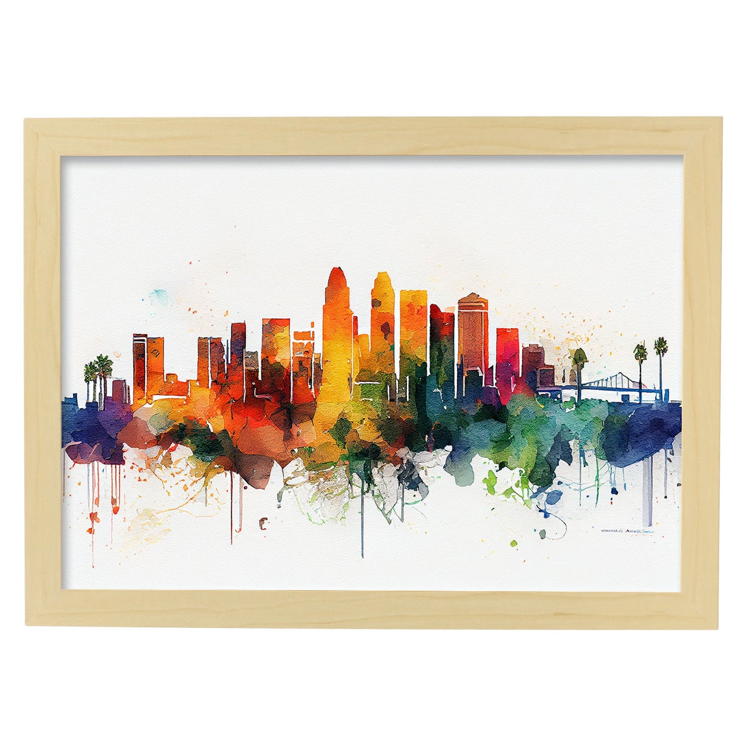Nacnic watercolor of a skyline of the city of Los Angeles_2. Aesthetic Wall Art Prints for Bedroom or Living Room Design.-Artwork-Nacnic-A4-Marco Madera Clara-Nacnic Estudio SL