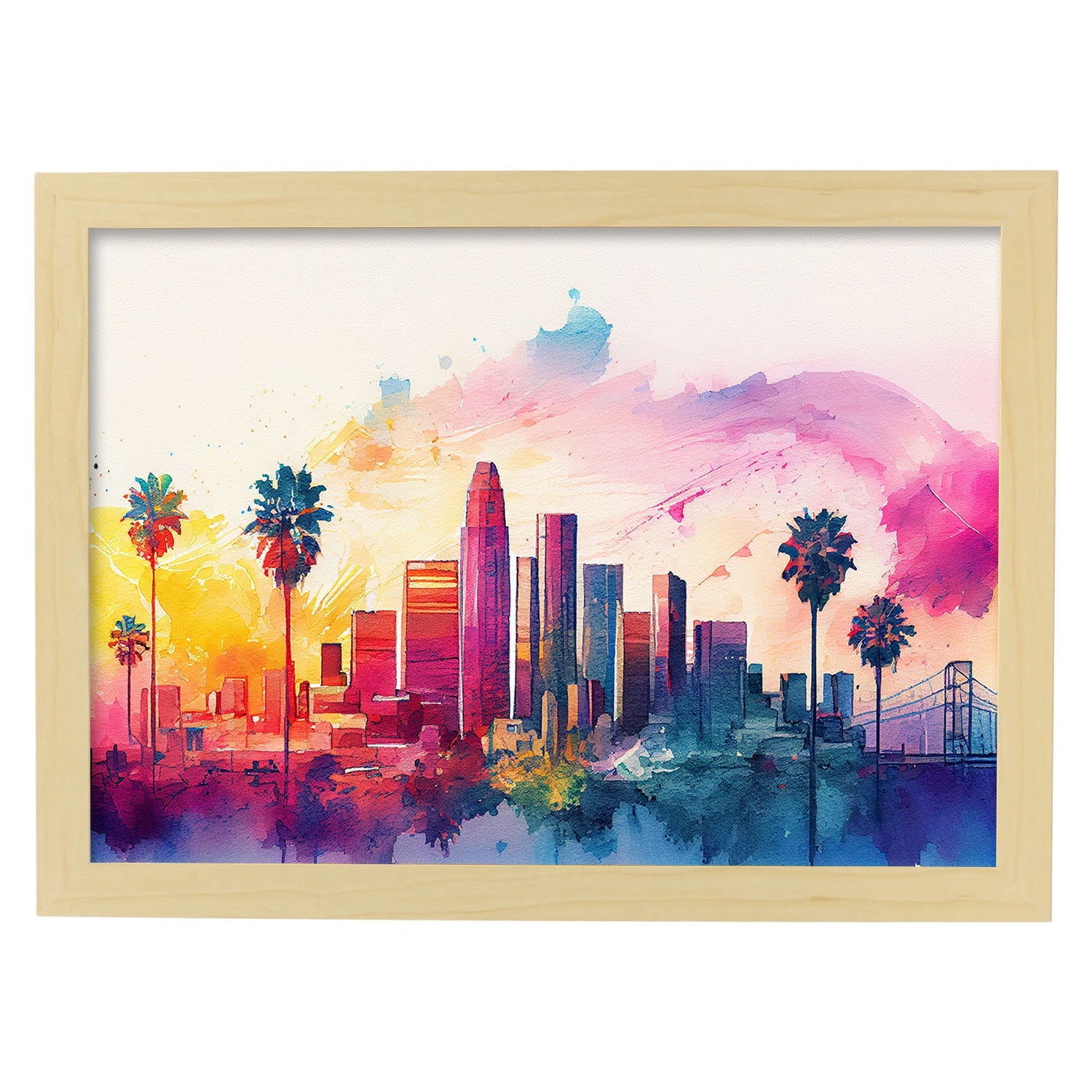 Nacnic watercolor of a skyline of the city of Los Angeles_3. Aesthetic Wall Art Prints for Bedroom or Living Room Design.-Artwork-Nacnic-A4-Marco Madera Clara-Nacnic Estudio SL