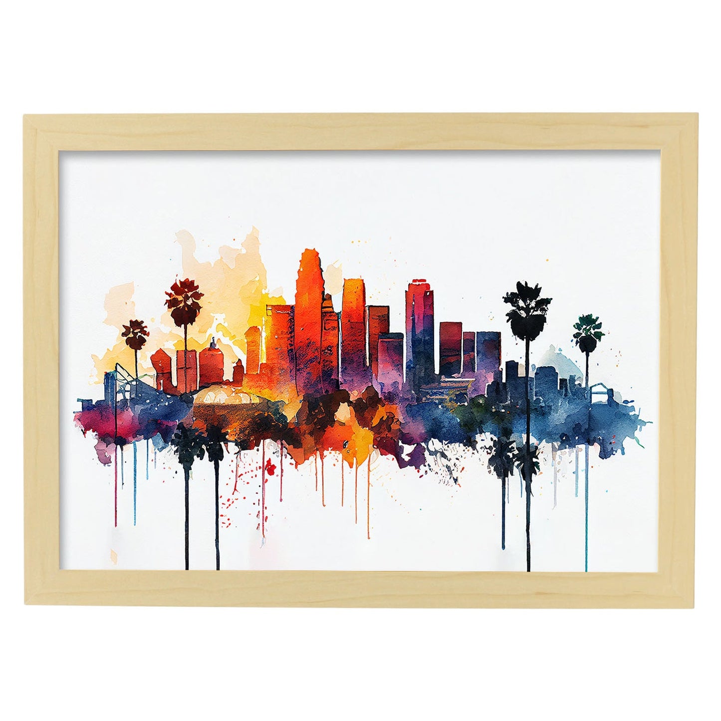Nacnic watercolor of a skyline of the city of Los Angeles_4. Aesthetic Wall Art Prints for Bedroom or Living Room Design.-Artwork-Nacnic-A4-Marco Madera Clara-Nacnic Estudio SL