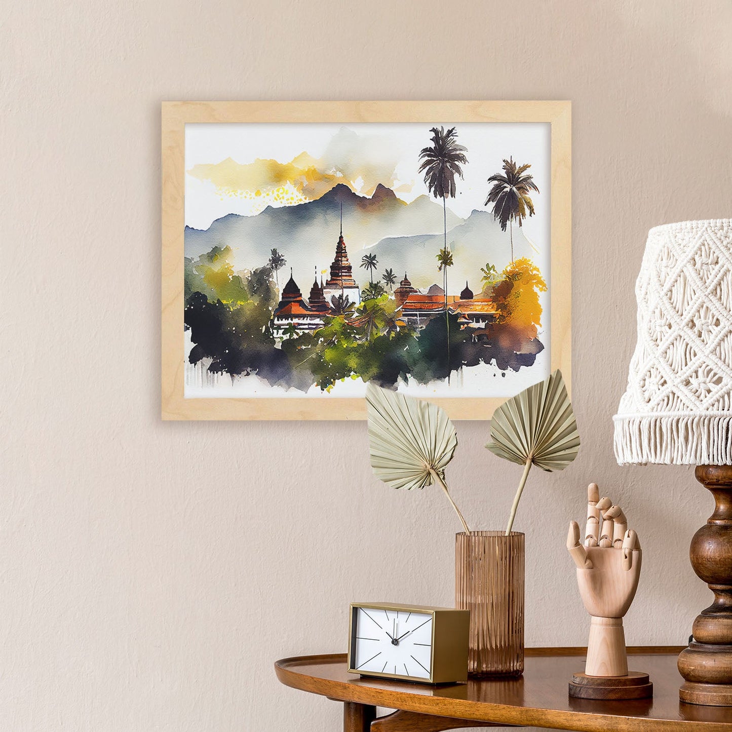 Nacnic watercolor of a skyline of the city of Luang Prabang. Aesthetic Wall Art Prints for Bedroom or Living Room Design.