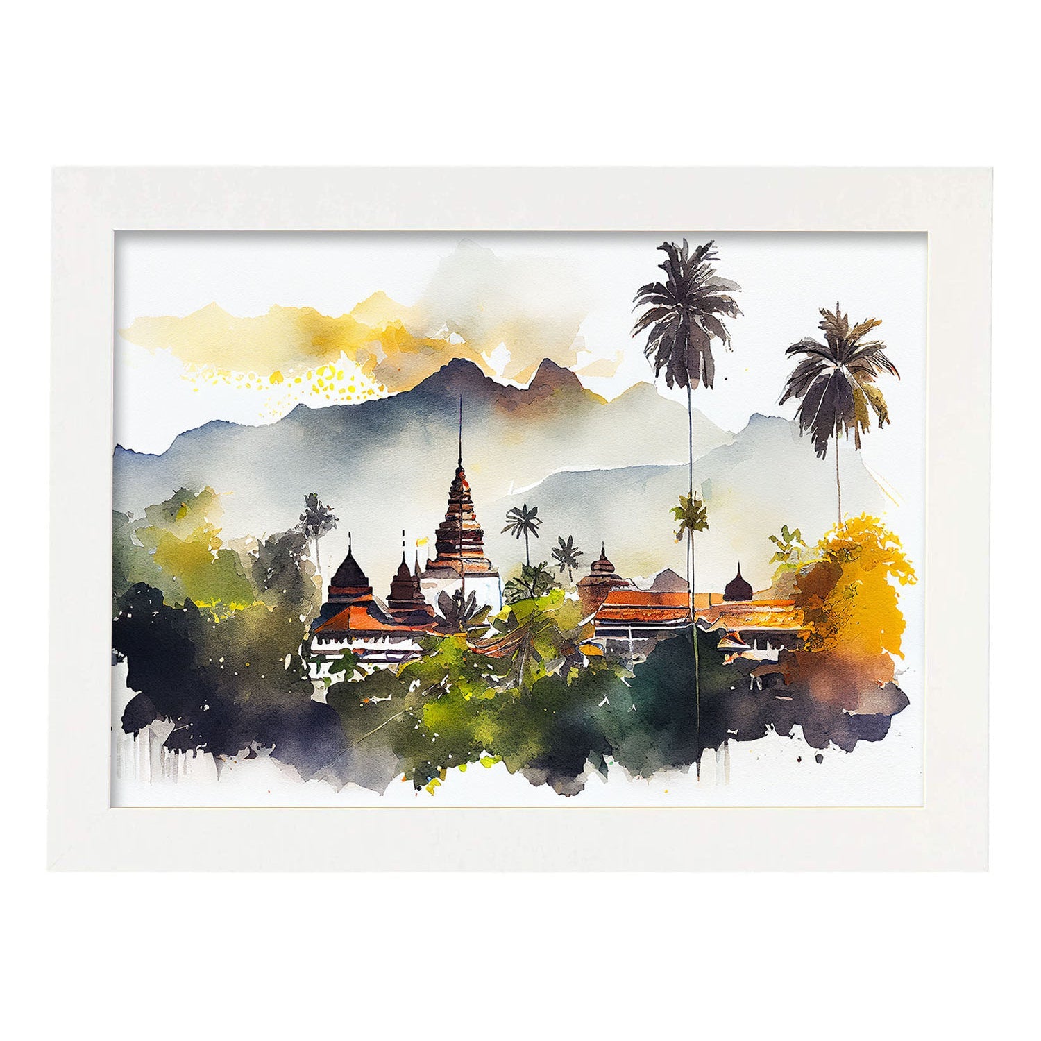 Nacnic watercolor of a skyline of the city of Luang Prabang. Aesthetic Wall Art Prints for Bedroom or Living Room Design.-Artwork-Nacnic-A4-Marco Blanco-Nacnic Estudio SL