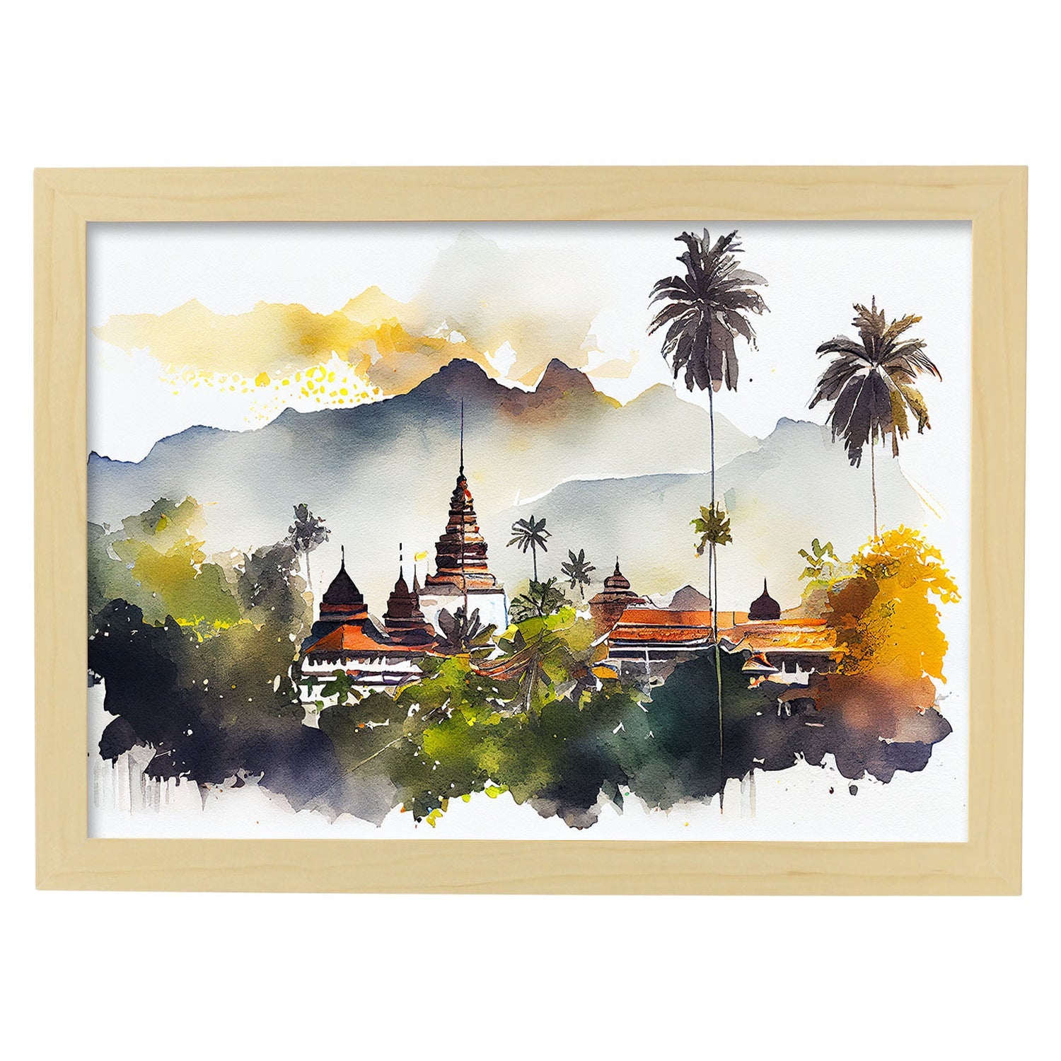Nacnic watercolor of a skyline of the city of Luang Prabang. Aesthetic Wall Art Prints for Bedroom or Living Room Design.-Artwork-Nacnic-A4-Marco Madera Clara-Nacnic Estudio SL