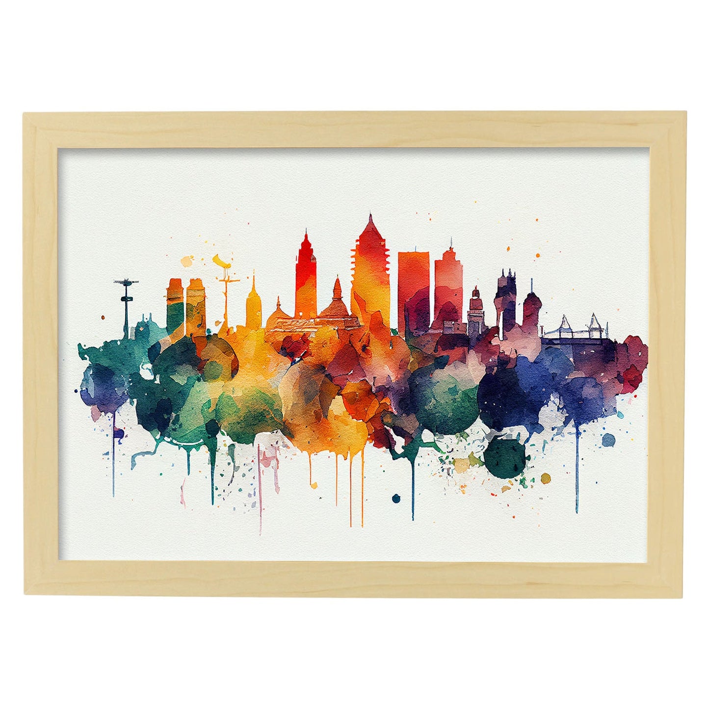 Nacnic watercolor of a skyline of the city of Madrid_1. Aesthetic Wall Art Prints for Bedroom or Living Room Design.-Artwork-Nacnic-A4-Marco Madera Clara-Nacnic Estudio SL