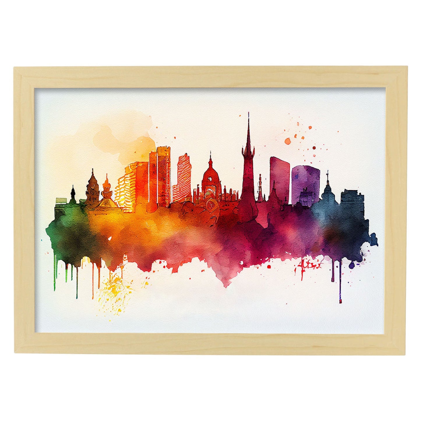 Nacnic watercolor of a skyline of the city of Madrid_2. Aesthetic Wall Art Prints for Bedroom or Living Room Design.-Artwork-Nacnic-A4-Marco Madera Clara-Nacnic Estudio SL