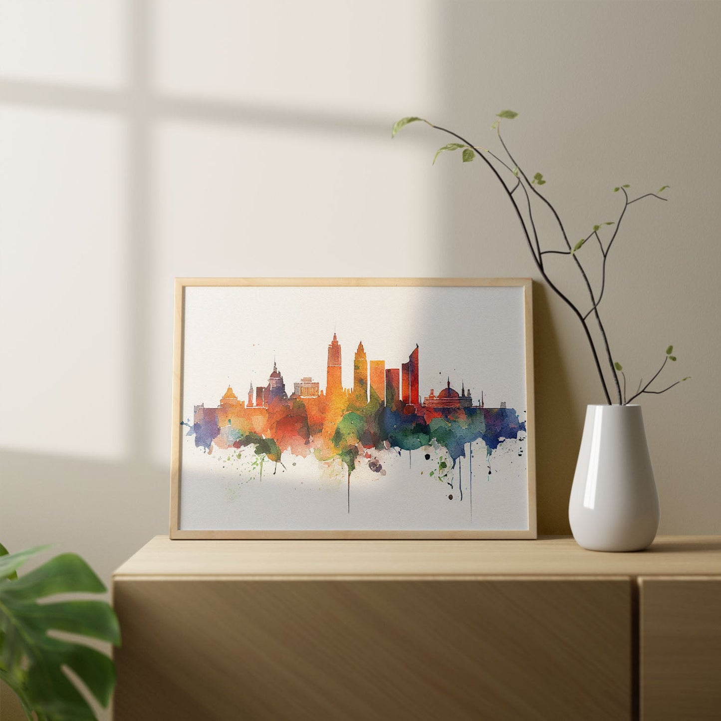 Nacnic watercolor of a skyline of the city of Madrid_3. Aesthetic Wall Art Prints for Bedroom or Living Room Design.