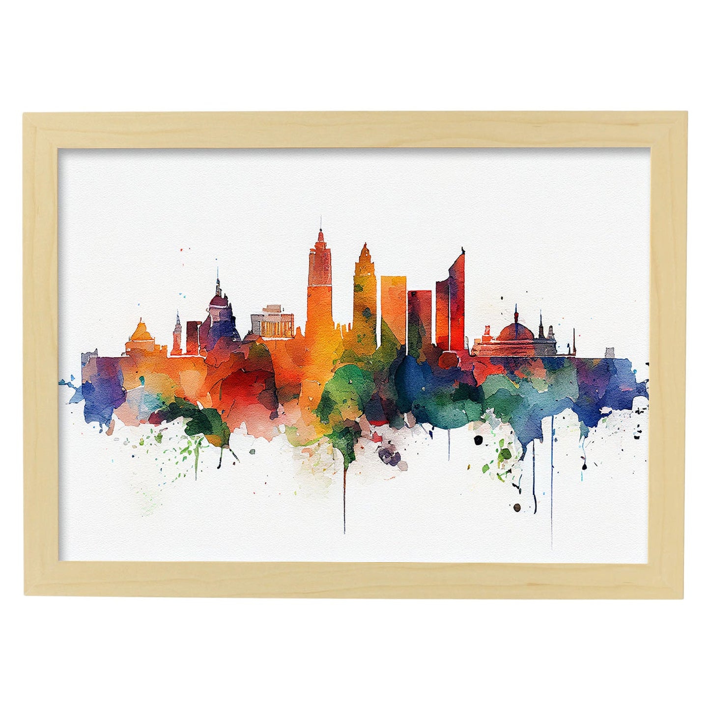 Nacnic watercolor of a skyline of the city of Madrid_3. Aesthetic Wall Art Prints for Bedroom or Living Room Design.-Artwork-Nacnic-A4-Marco Madera Clara-Nacnic Estudio SL