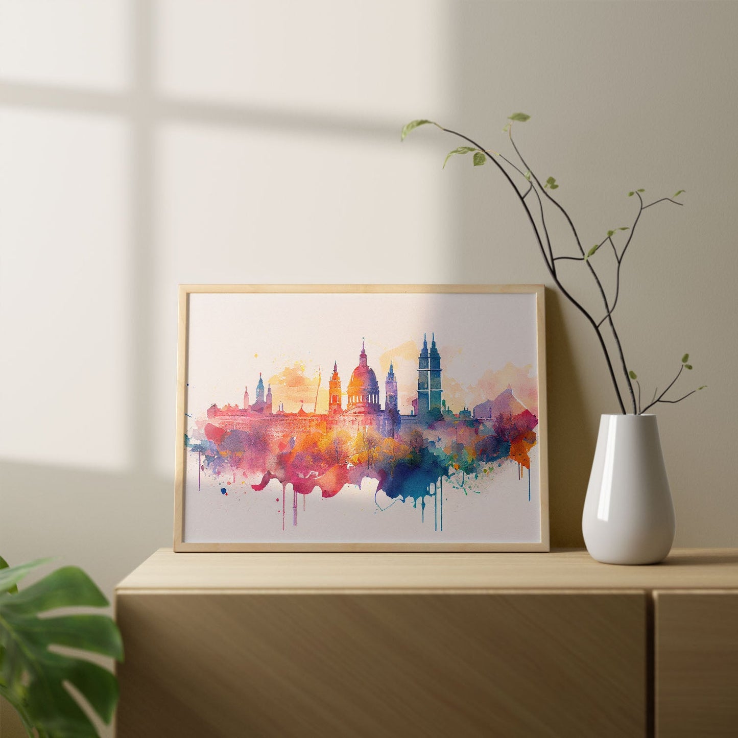 Nacnic watercolor of a skyline of the city of Madrid_4. Aesthetic Wall Art Prints for Bedroom or Living Room Design.