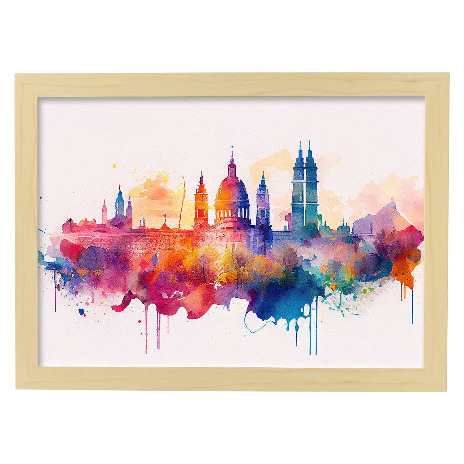 Nacnic watercolor of a skyline of the city of Madrid_4. Aesthetic Wall Art Prints for Bedroom or Living Room Design.-Artwork-Nacnic-A4-Marco Madera Clara-Nacnic Estudio SL