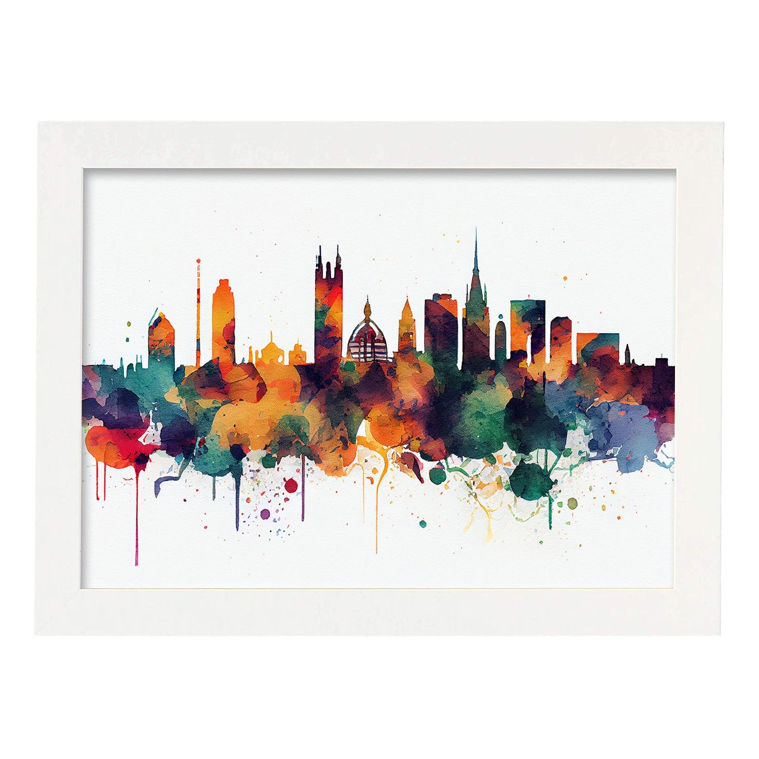 Nacnic watercolor of a skyline of the city of Manchester. Aesthetic Wall Art Prints for Bedroom or Living Room Design.-Artwork-Nacnic-A4-Marco Blanco-Nacnic Estudio SL