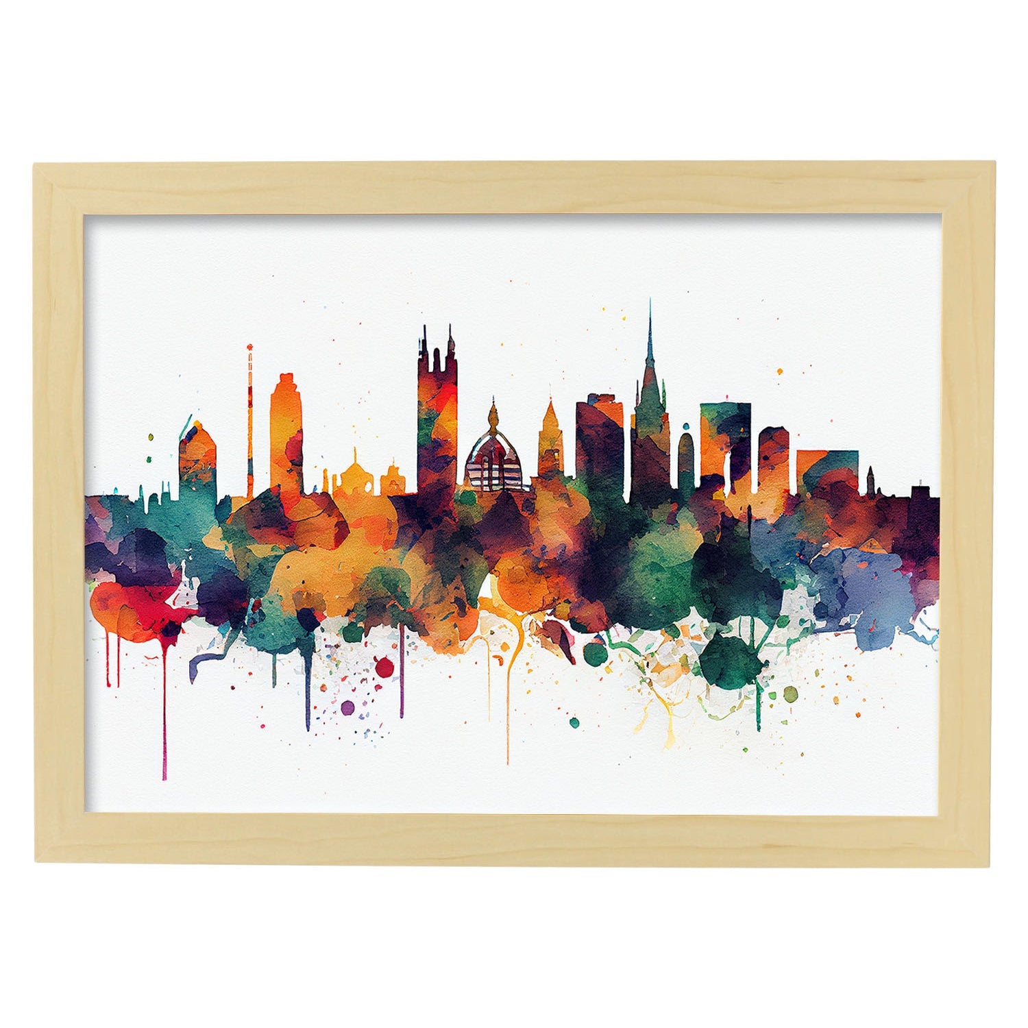 Nacnic watercolor of a skyline of the city of Manchester. Aesthetic Wall Art Prints for Bedroom or Living Room Design.-Artwork-Nacnic-A4-Marco Madera Clara-Nacnic Estudio SL