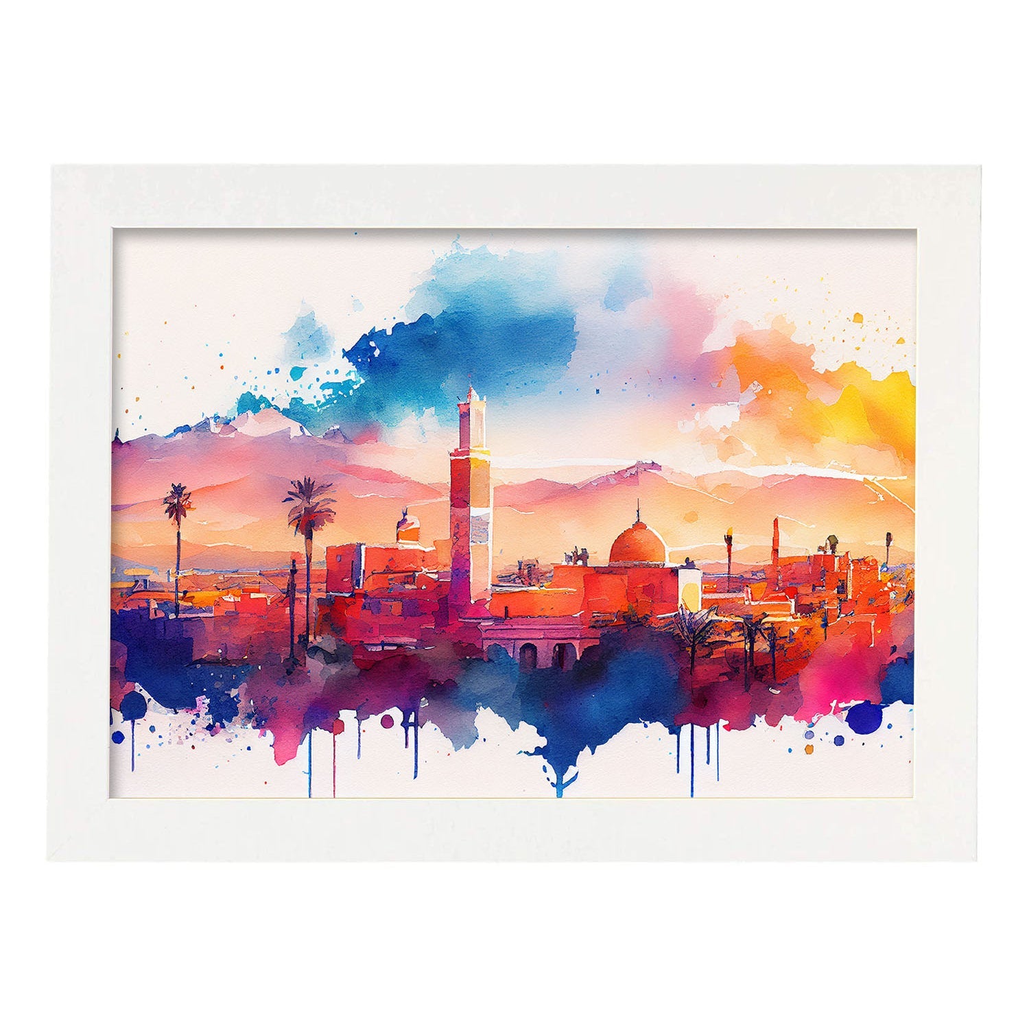 Nacnic watercolor of a skyline of the city of Marrakech. Aesthetic Wall Art Prints for Bedroom or Living Room Design.-Artwork-Nacnic-A4-Marco Blanco-Nacnic Estudio SL