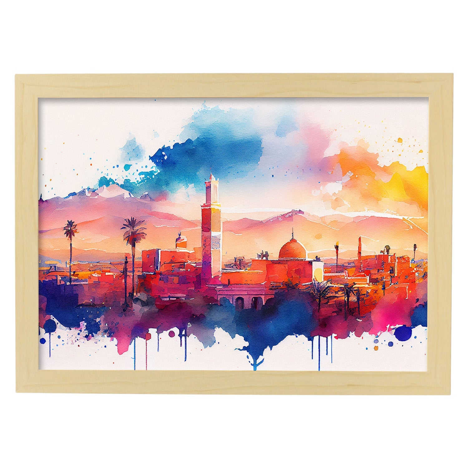 Nacnic watercolor of a skyline of the city of Marrakech. Aesthetic Wall Art Prints for Bedroom or Living Room Design.-Artwork-Nacnic-A4-Marco Madera Clara-Nacnic Estudio SL
