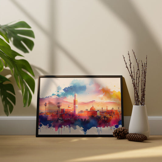 Nacnic watercolor of a skyline of the city of Marrakech. Aesthetic Wall Art Prints for Bedroom or Living Room Design.-Artwork-Nacnic-A4-Sin Marco-Nacnic Estudio SL