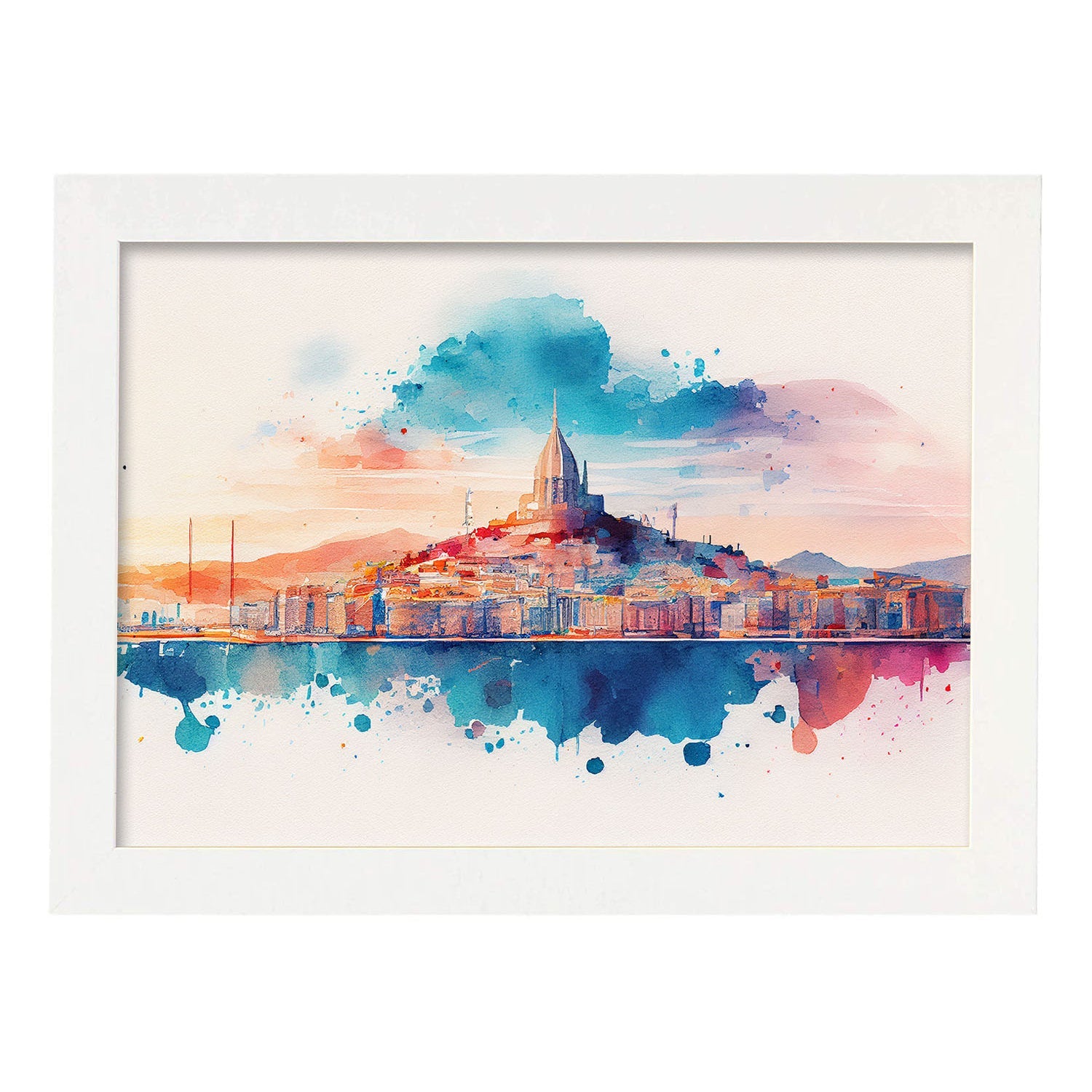 Nacnic watercolor of a skyline of the city of Marseille. Aesthetic Wall Art Prints for Bedroom or Living Room Design.-Artwork-Nacnic-A4-Marco Blanco-Nacnic Estudio SL