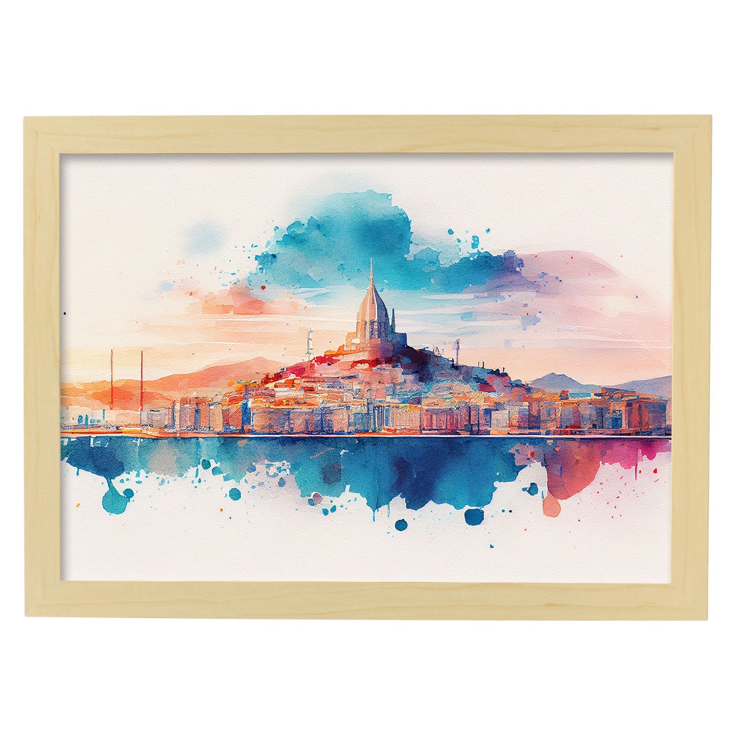 Nacnic watercolor of a skyline of the city of Marseille. Aesthetic Wall Art Prints for Bedroom or Living Room Design.-Artwork-Nacnic-A4-Marco Madera Clara-Nacnic Estudio SL