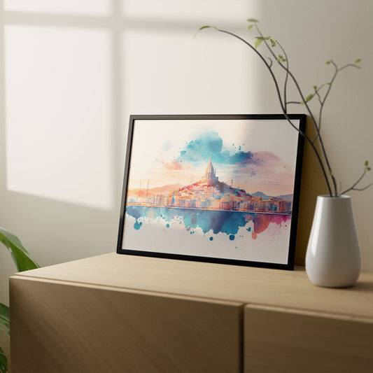 Nacnic watercolor of a skyline of the city of Marseille. Aesthetic Wall Art Prints for Bedroom or Living Room Design.-Artwork-Nacnic-A4-Sin Marco-Nacnic Estudio SL