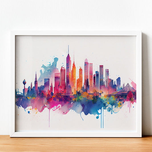 Nacnic watercolor of a skyline of the city of Melbourne. Aesthetic Wall Art Prints for Bedroom or Living Room Design.-Artwork-Nacnic-A4-Sin Marco-Nacnic Estudio SL