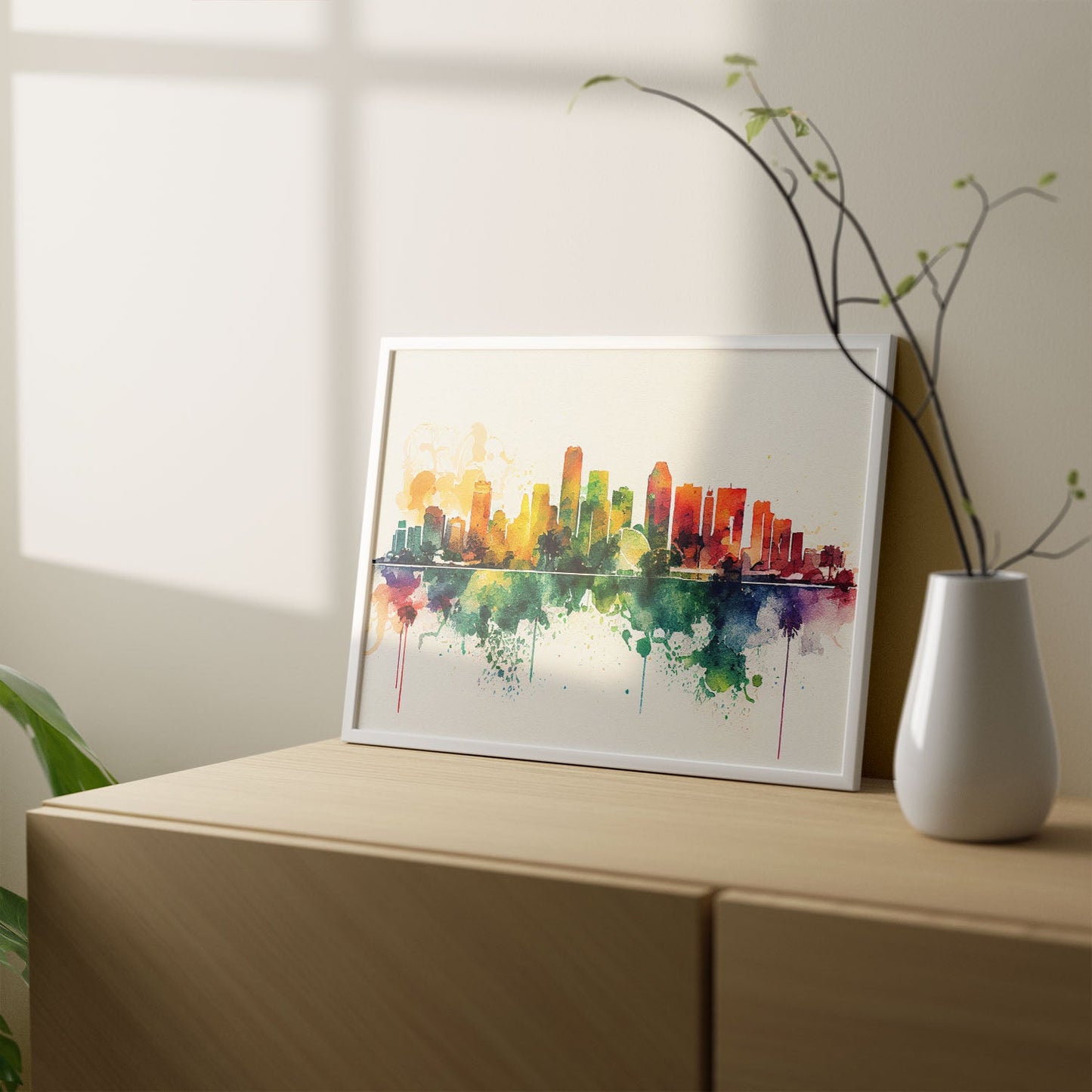 Nacnic watercolor of a skyline of the city of Miami_1. Aesthetic Wall Art Prints for Bedroom or Living Room Design.