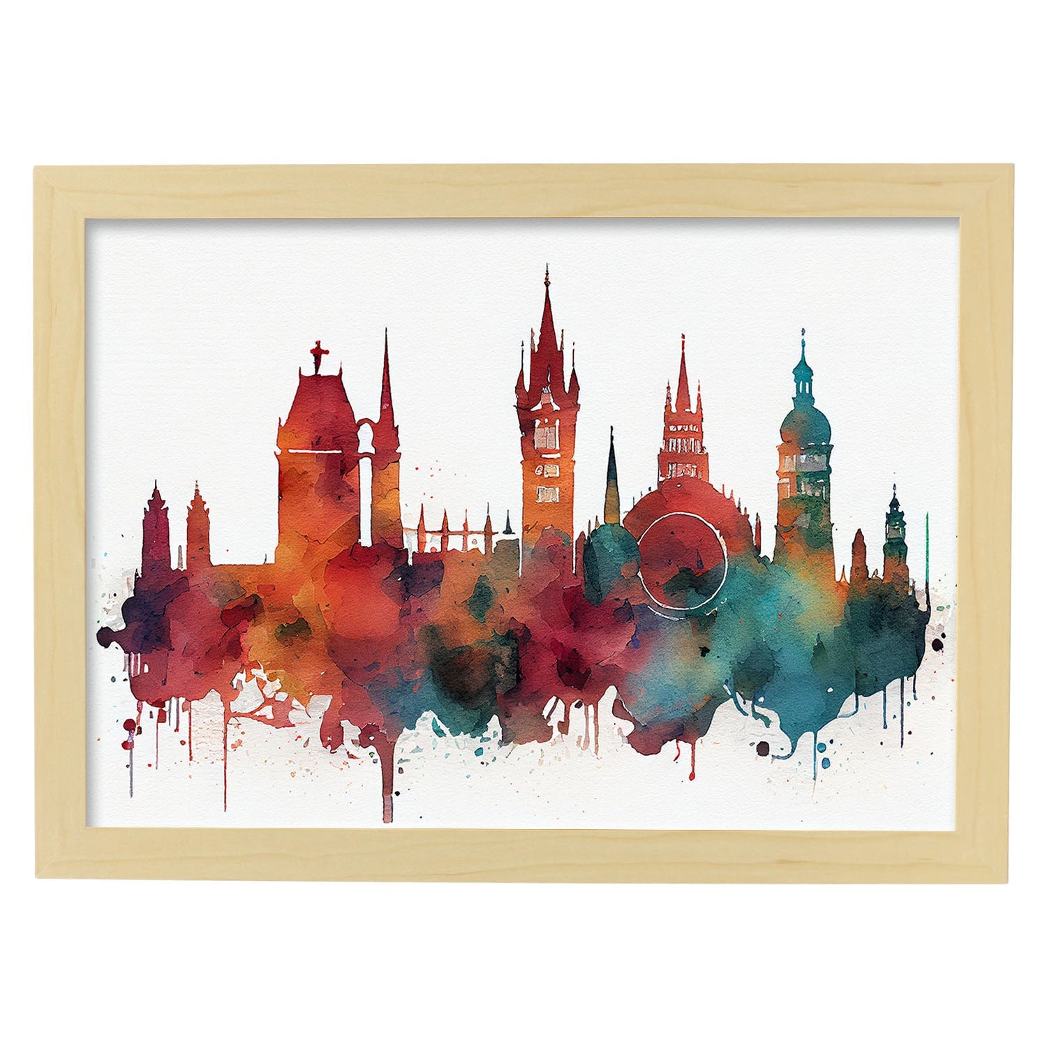 Nacnic watercolor of a skyline of the city of Munich. Aesthetic Wall Art Prints for Bedroom or Living Room Design.-Artwork-Nacnic-A4-Marco Madera Clara-Nacnic Estudio SL