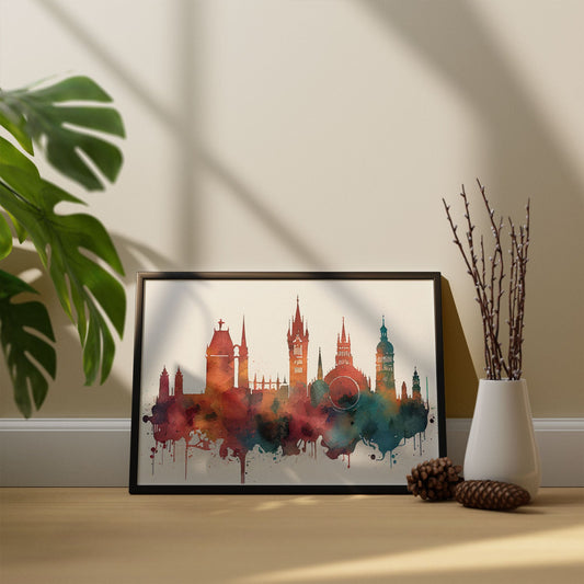 Nacnic watercolor of a skyline of the city of Munich. Aesthetic Wall Art Prints for Bedroom or Living Room Design.-Artwork-Nacnic-A4-Sin Marco-Nacnic Estudio SL