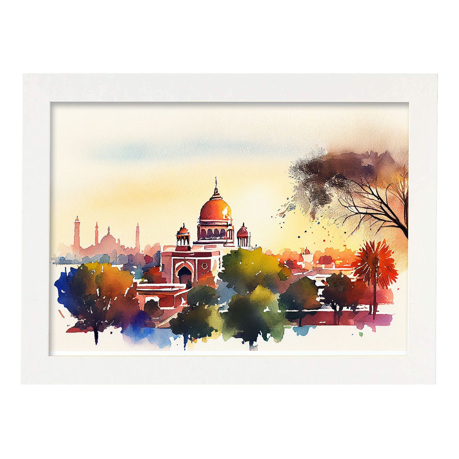 Nacnic watercolor of a skyline of the city of New Delhi. Aesthetic Wall Art Prints for Bedroom or Living Room Design.-Artwork-Nacnic-A4-Marco Blanco-Nacnic Estudio SL