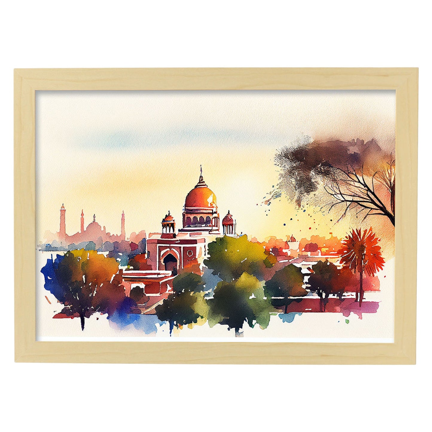 Nacnic watercolor of a skyline of the city of New Delhi. Aesthetic Wall Art Prints for Bedroom or Living Room Design.-Artwork-Nacnic-A4-Marco Madera Clara-Nacnic Estudio SL