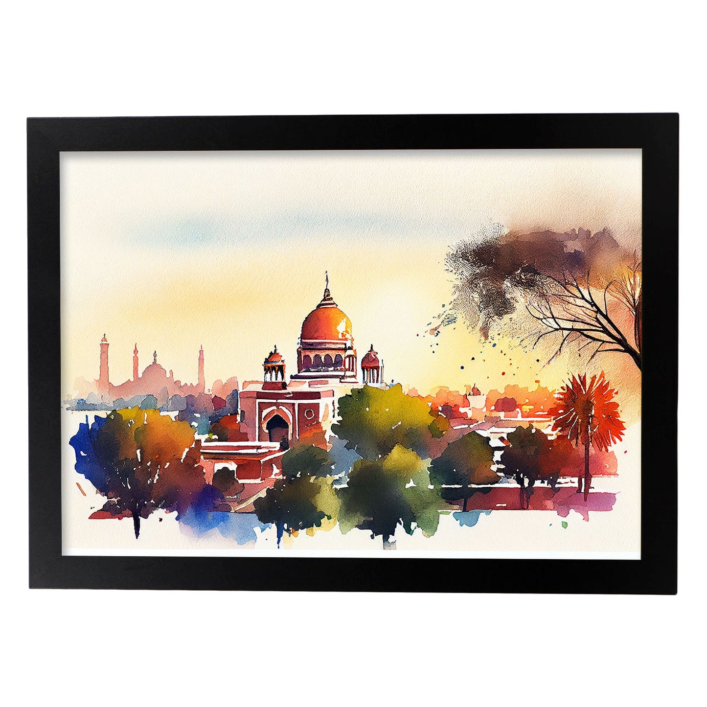 Nacnic watercolor of a skyline of the city of New Delhi. Aesthetic Wall Art Prints for Bedroom or Living Room Design.
