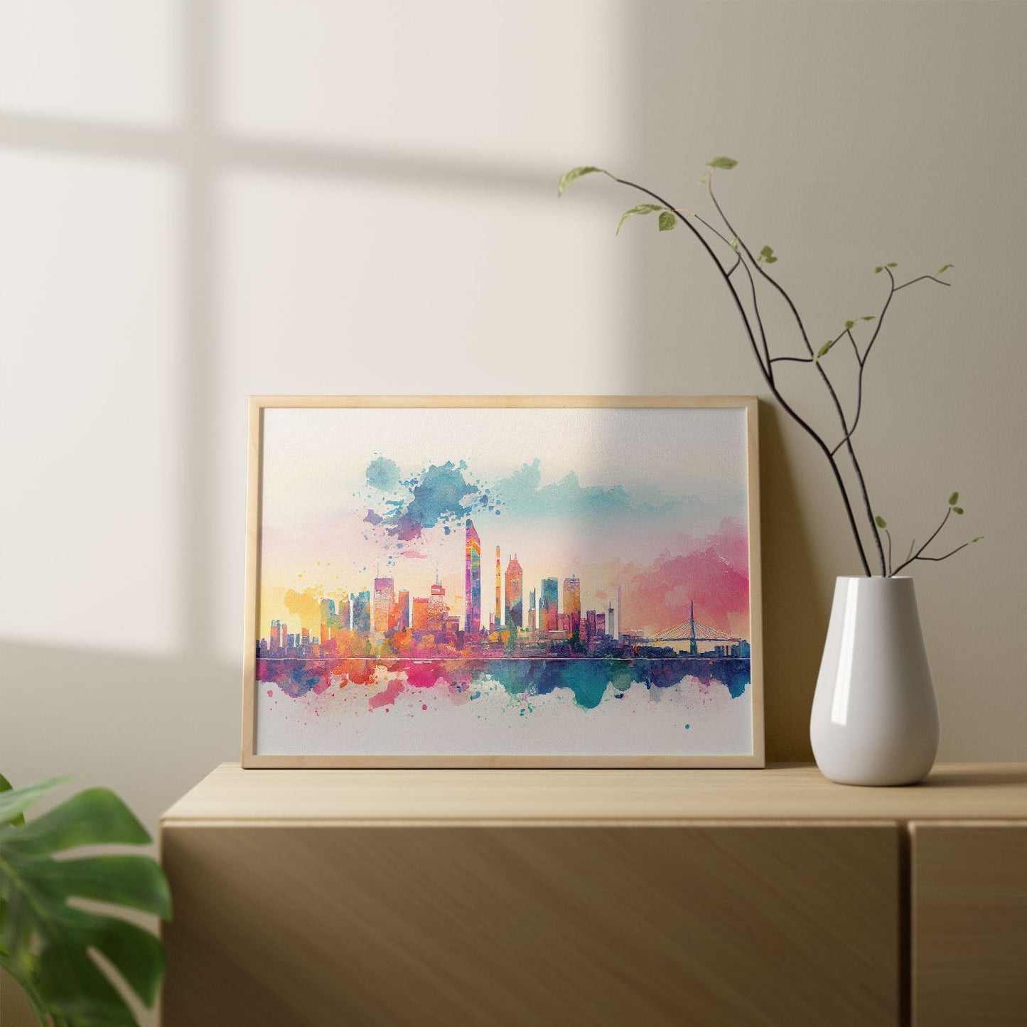 Nacnic watercolor of a skyline of the city of Osaka. Aesthetic Wall Art Prints for Bedroom or Living Room Design.