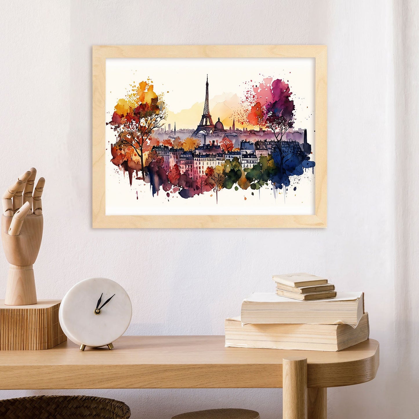 Nacnic watercolor of a skyline of the city of paris. Aesthetic Wall Art Prints for Bedroom or Living Room Design.