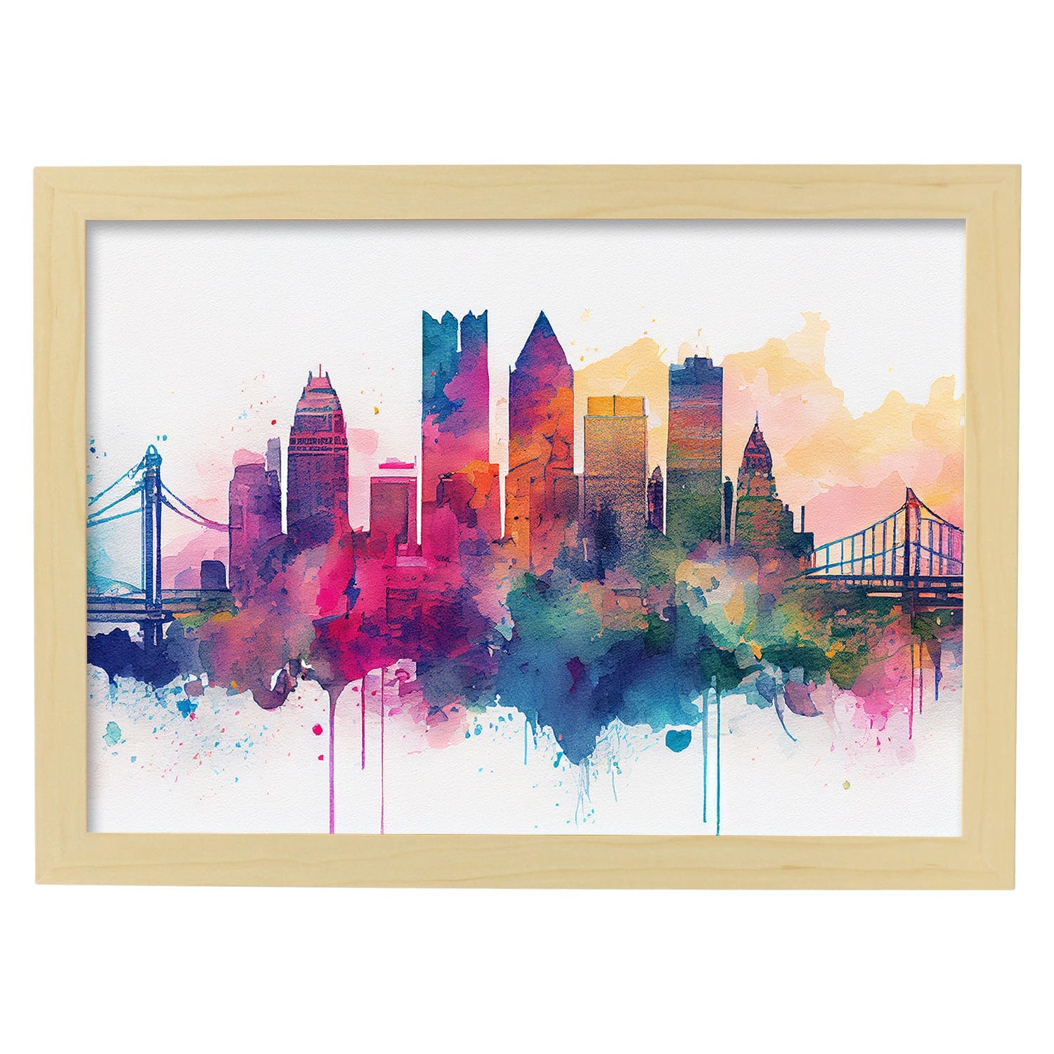 Nacnic watercolor of a skyline of the city of Pittsburgh. Aesthetic Wall Art Prints for Bedroom or Living Room Design.-Artwork-Nacnic-A4-Marco Madera Clara-Nacnic Estudio SL
