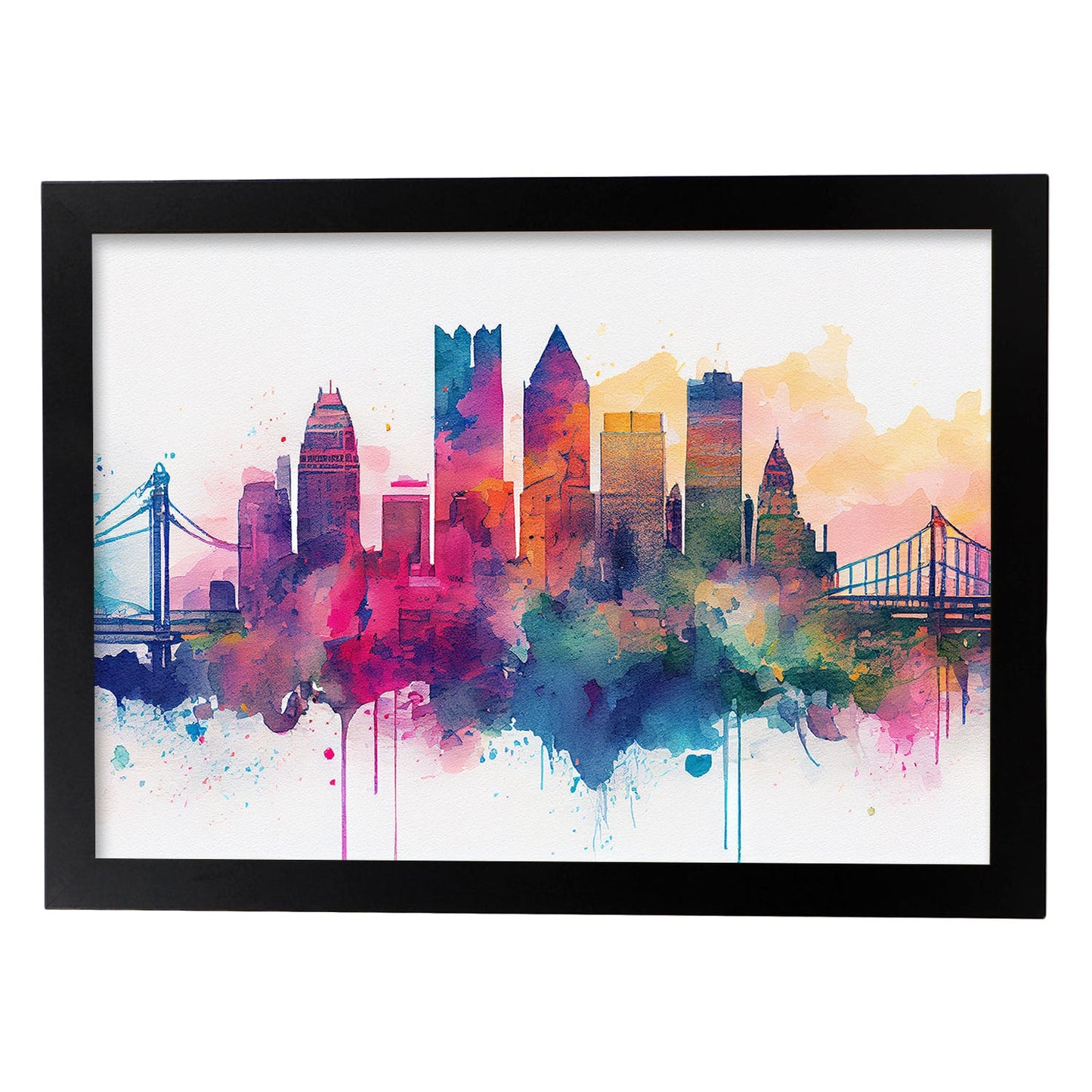 Nacnic watercolor of a skyline of the city of Pittsburgh. Aesthetic Wall Art Prints for Bedroom or Living Room Design.