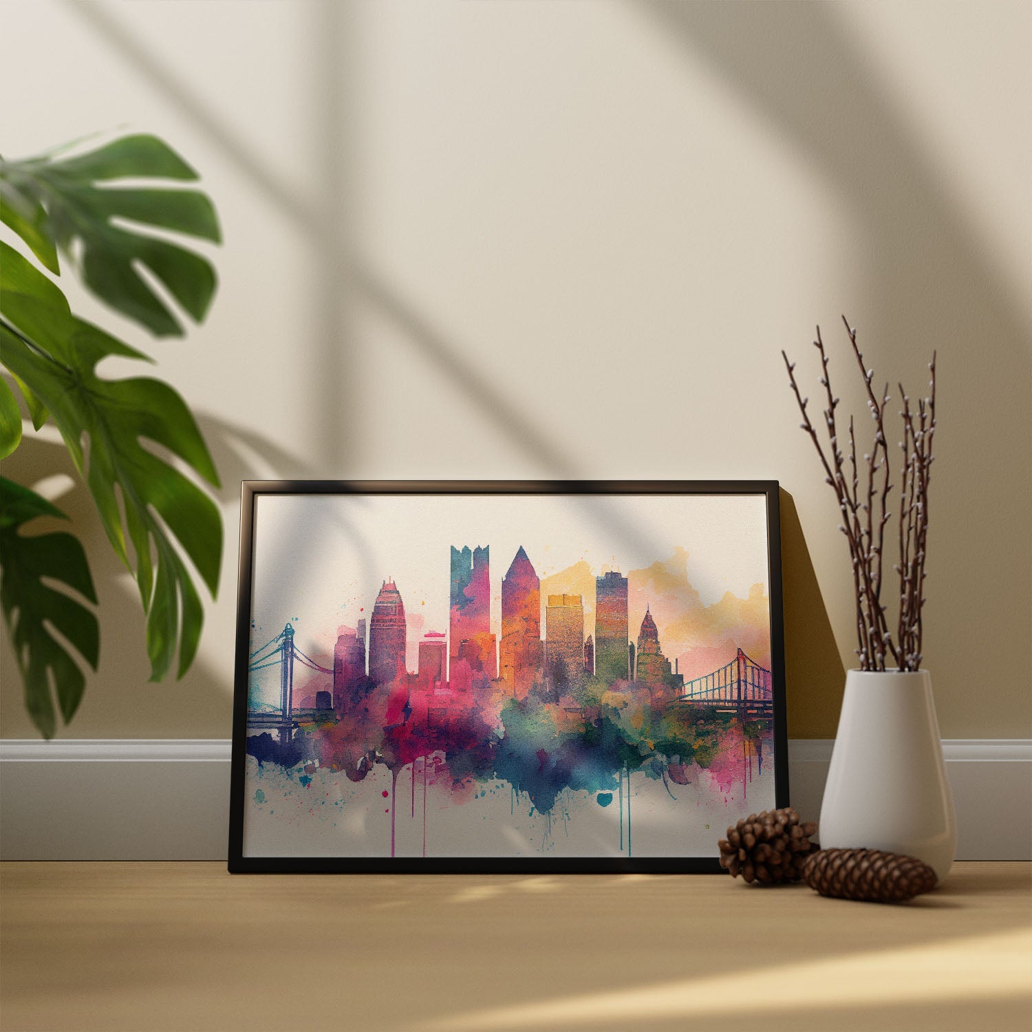 Nacnic watercolor of a skyline of the city of Pittsburgh. Aesthetic Wall Art Prints for Bedroom or Living Room Design.-Artwork-Nacnic-A4-Sin Marco-Nacnic Estudio SL