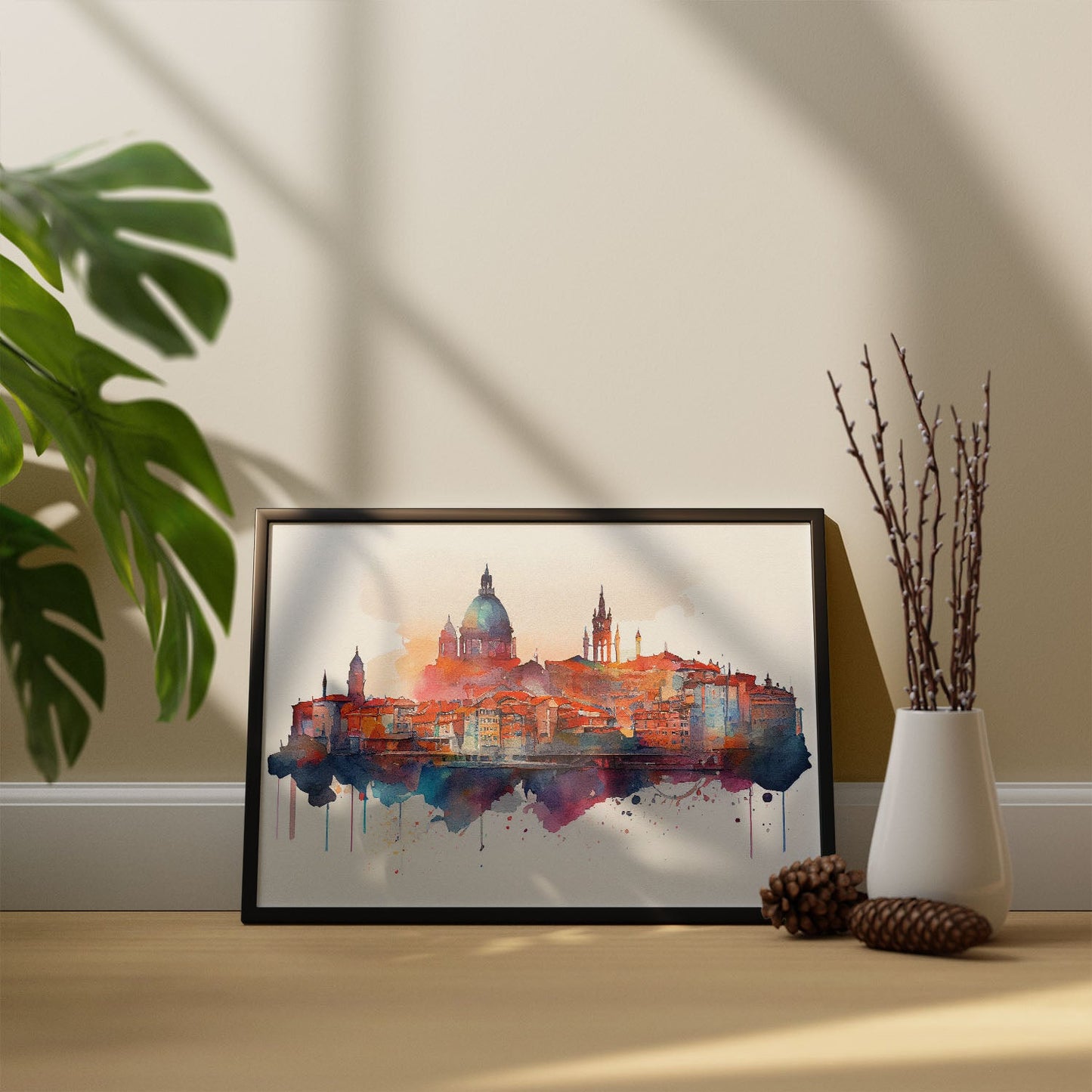 Nacnic watercolor of a skyline of the city of Porto. Aesthetic Wall Art Prints for Bedroom or Living Room Design.-Artwork-Nacnic-A4-Sin Marco-Nacnic Estudio SL