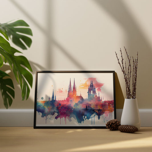 Nacnic watercolor of a skyline of the city of Prague_1. Aesthetic Wall Art Prints for Bedroom or Living Room Design.-Artwork-Nacnic-A4-Sin Marco-Nacnic Estudio SL