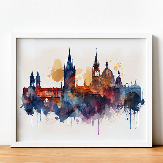 Nacnic watercolor of a skyline of the city of Prague_2. Aesthetic Wall Art Prints for Bedroom or Living Room Design.-Artwork-Nacnic-A4-Sin Marco-Nacnic Estudio SL