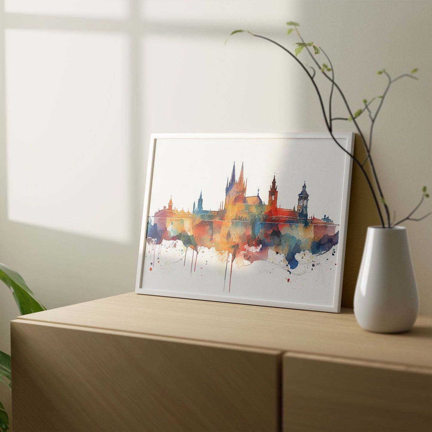 Nacnic watercolor of a skyline of the city of Prague_4. Aesthetic Wall Art Prints for Bedroom or Living Room Design.