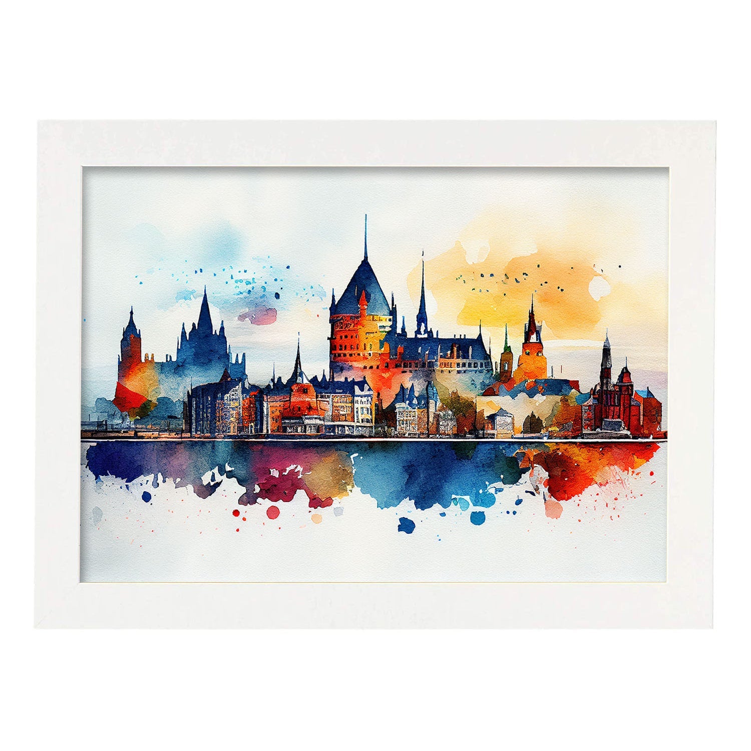 Nacnic watercolor of a skyline of the city of Quebec City. Aesthetic Wall Art Prints for Bedroom or Living Room Design.-Artwork-Nacnic-A4-Marco Blanco-Nacnic Estudio SL