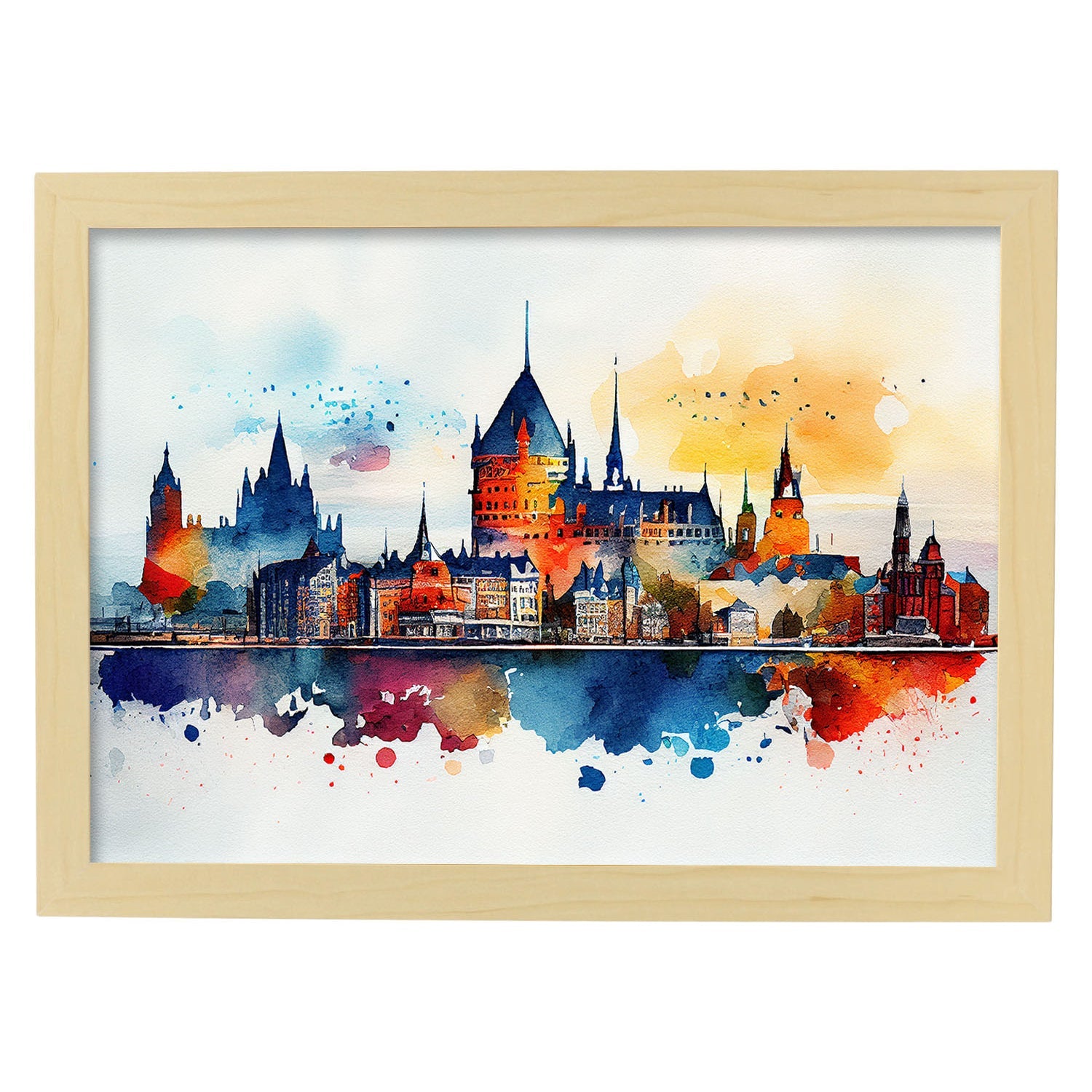 Nacnic watercolor of a skyline of the city of Quebec City. Aesthetic Wall Art Prints for Bedroom or Living Room Design.-Artwork-Nacnic-A4-Marco Madera Clara-Nacnic Estudio SL